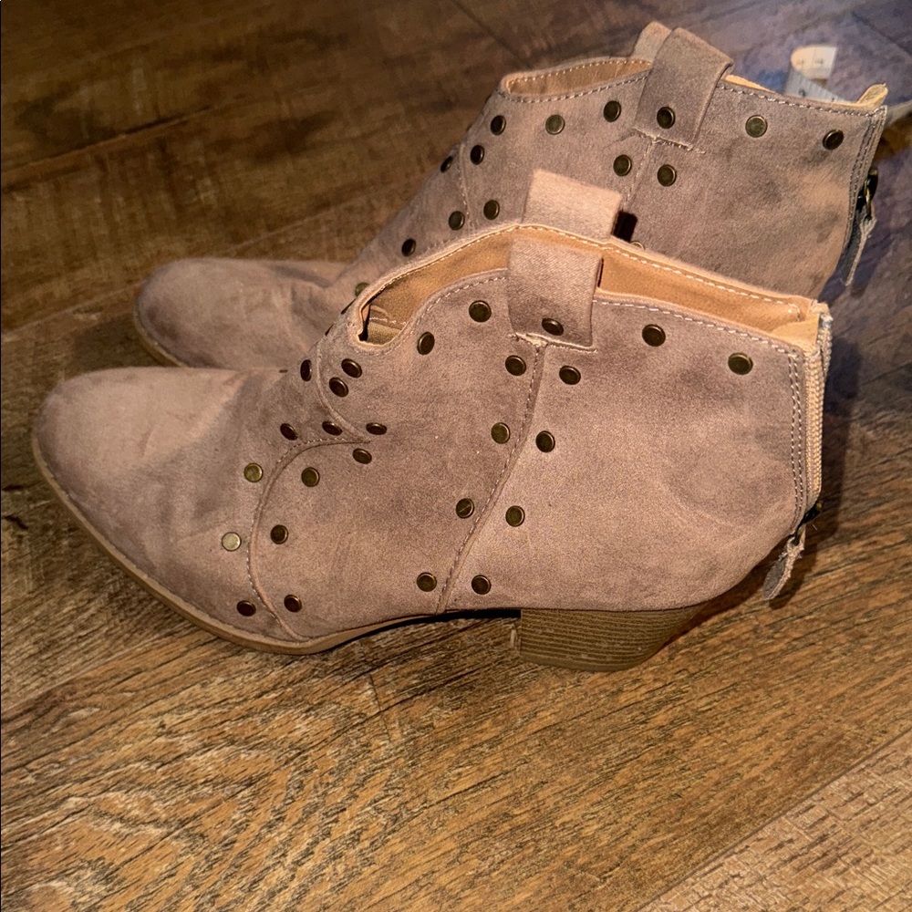 Buckle Taupe Ankle Booties with Stud Accents